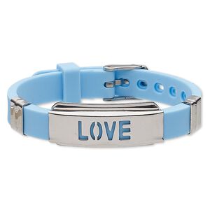 Bracelet, Softique™, silicone and stainless steel, turquoise blue, 16mm wide with 39x16mm curved rectangle and cutout "LOVE," adjustable from 5-1/2 to 7-1/2 inches with buckle-style closure. Sold individually.