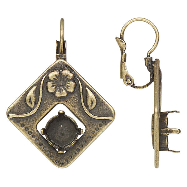 Ear wire, JBB Findings, antique brass-plated pewter (tin-based alloy), 35mm leverback with flower design and SS39 chaton or rivoli 4-prong setting. Sold per pair. image number 0