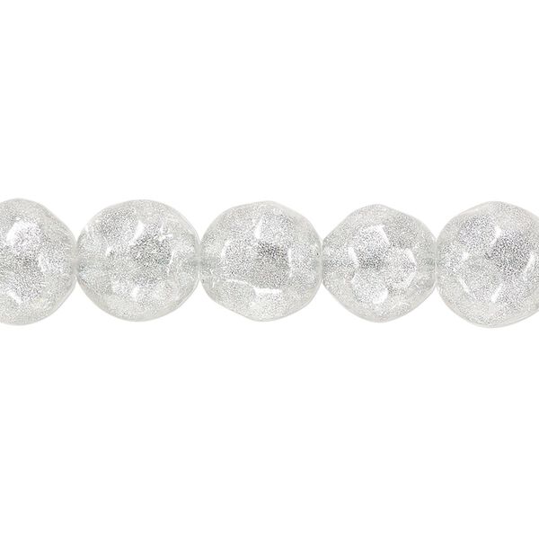 Bead, glass, translucent dark silver, 10mm faceted round with silver glitter. Sold per 8-inch strand, approximately 20 beads. image number 0