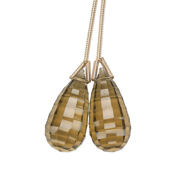 Lemon smoky quartz 1pkg2, hand-cut top-drilled checkerboard faceted briolette bead B+ grade, 20x10mm image number 0