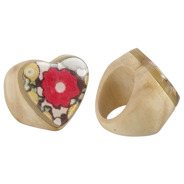 Ring, Everyday Jewelry, Taiwanese cheesewood, multicolored, 18mm heart with flower and lemon design, size 7. Sold individually. image number 0