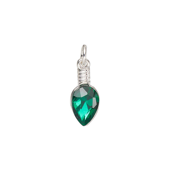 Charm, silver-finished "pewter" (zinc-based alloy) and glass, green, 17x7.5mm light bulb. Sold per pkg of 6. image number 0