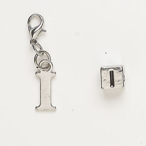 Bead and charm 1pkg2, antique silver-finished "pewter" (zinc alloy) / steel / enamel, black, 7mm cube with alphabet letter "I" and 12x6mm alphabet letter "I" with lobster claw clasp.