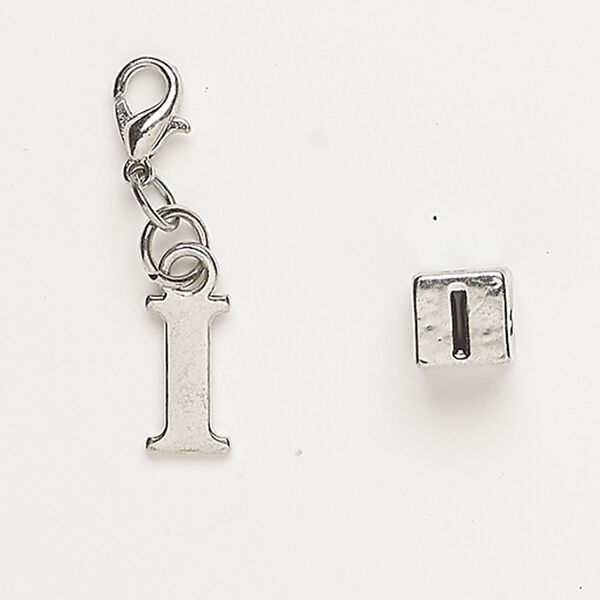 Bead and charm 1pkg2, antique silver-finished "pewter" (zinc alloy) / steel / enamel, black, 7mm cube with alphabet letter "I" and 12x6mm alphabet letter "I" with lobster claw clasp. image number 0