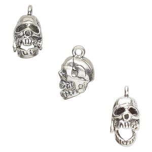 Charm, antiqued sterling silver, 12x8mm human skull with hinged jaw. Sold individually.