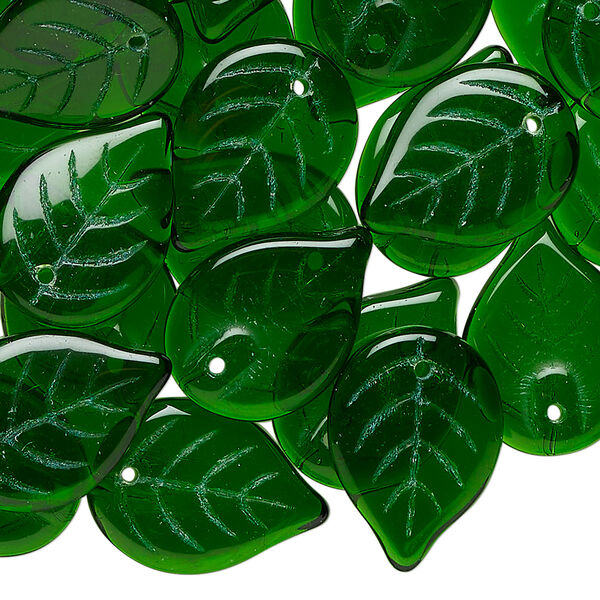 Bead 1pkg100, Czech pressed glass, emerald green, 18.5x14mm top-drilled leaf. image number 0