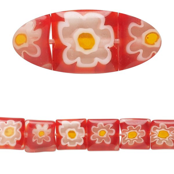 Bead, millefiori glass, translucent red and multicolored, 7mm-9x8mm puffed square with flower design. Sold per 14-inch strand. image number 0