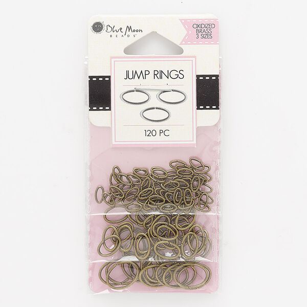 Jump ring mix, antique brass-finished steel, (70) 6x3mm / (30) 9x6mm / (20) 12x9mm ovals, 18 gauge. Sold per pkg of 120. image number 0