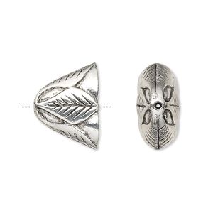 Cone, antique silver-plated pewter (tin-based alloy), 18x13x9mm flat with leaf design, 14x5.5mm inside diameter. Sold per pkg of 2.