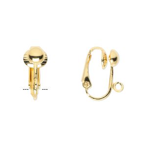 Earring clip-on 1pkg10 gold-plated, 16mm hinged / 5mm half-ball / open loop, steel 5 pair