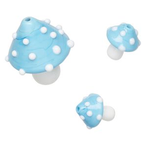 Bead, lampworked glass, opaque blue and white, 31x25mm and 15x13mm mushroom. Sold per pkg of 3.