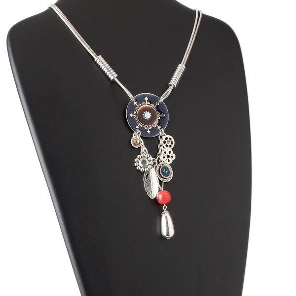 Necklace, 2-strand, "pewter" (zinc-based alloy) / enamel / brass / glass rhinestone, multicolored, 40mm flat round with dangles, 16 inch snake chain with lobster claw clasp and 2-1/2 inch extender chain. Sold individually. image number 0