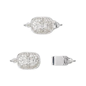 Clasp tab 1pkg4 silver-plated, 12x9mm filigree oval, brass 1-strand