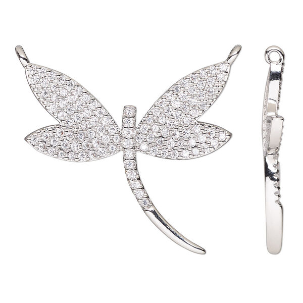 Connector, cubic zirconia and silver-finished brass, clear, 25x23.5mm single-sided dragonfly. Sold individually. image number 0