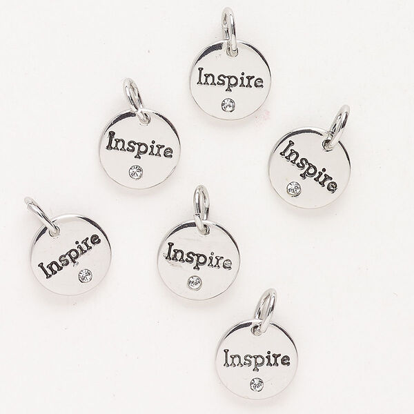 Drop "pewter" zinc-based alloy glass 6pk 10mm affirmation round "Inspire," antique silver finish clear image number 0