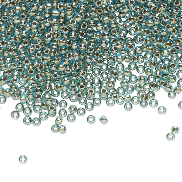 Seed bead, TOHO BEADS®, glass, pkg/7.5g, #11 round, translucent gold-lined aqua (TR-11-990). image number 0