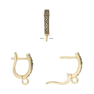 Ear wire leverback 1pkg2 sterling silver / marcasite (natural), 16mm hinged / open loop, antique gold-finished 1 pair