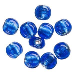 Bead, lampworked glass, opaque cobalt blue, 12x7mm-10x6mm flat round with silver-colored foil. Sold per pkg of 10.