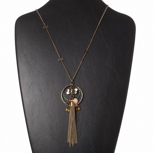 Necklace, mother-of-pearl shell (dyed) / glass / enamel / acrylic / brass / antique brass-plated "pewter" (zinc-based alloy) and steel, multicolored, 4-inch dangle with butterfly and circle, 28 inches with 3-inch extender chain and lobster claw clasp. Sold individually. image number 0