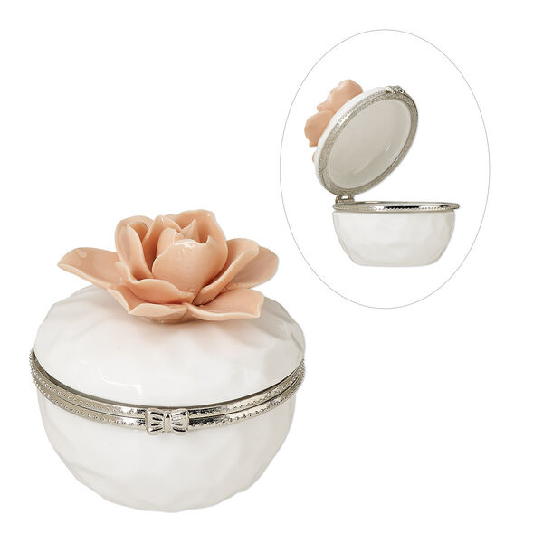 Trinket box, porcelain / imitation rhodium-finished brass / steel, white and pink, 2-1/2 inch textured round with flowers and bow. Sold individually. image number 0