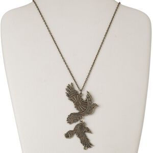 Necklace, antiqued brass-finished "pewter" (zinc-based alloy) and steel, 41x37mm-62x50mm single-sided double dove, 32 inches with lobster claw clasp. Sold individually.