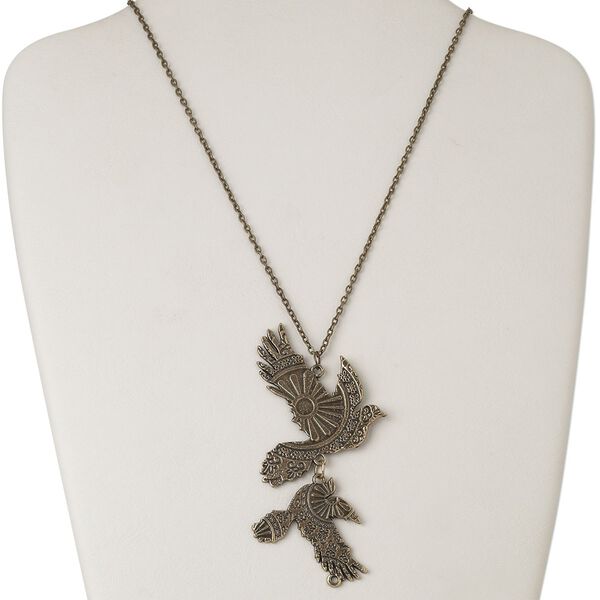 Necklace, antiqued brass-finished "pewter" (zinc-based alloy) and steel, 41x37mm-62x50mm single-sided double dove, 32 inches with lobster claw clasp. Sold individually. image number 0