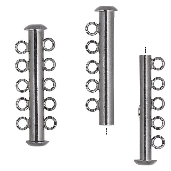 Clasp, 5-strand slide lock, gunmetal-plated brass, 31x6mm tube. Sold per pkg of 4. image number 0