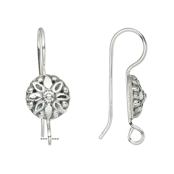 Ear wire, antiqued sterling silver, 28mm fishhook with flower and open loop, 17 gauge. Sold per pair. image number 0