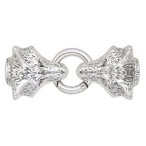 Clasp self-closing hook 1pkg1 "pewter" (zinc alloy), 57x23mm / 20mm jump ring / fits 8.5mm cord, antique silver-finished 1-strand