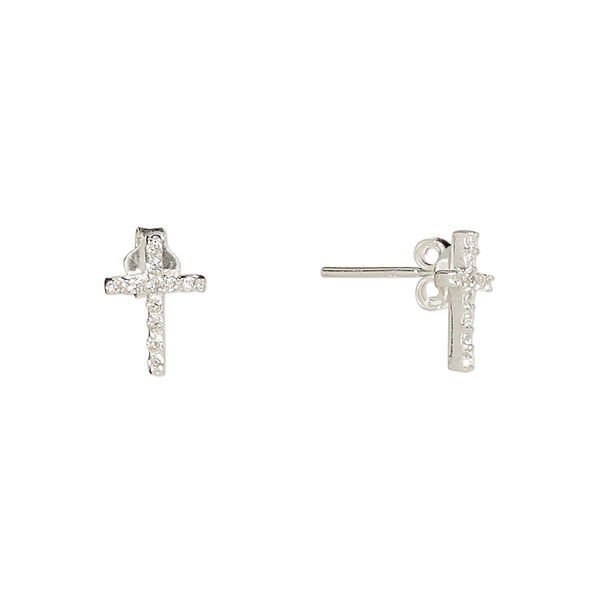 Earstud, Create Compliments®, cubic zirconia and sterling silver, clear, 10.5x7.5mm cross. Sold per pair. image number 0