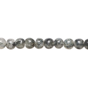 Tourmalinated quartz 1pkg1, hand-cut round bead natural, 13 inch 5-6mm dark