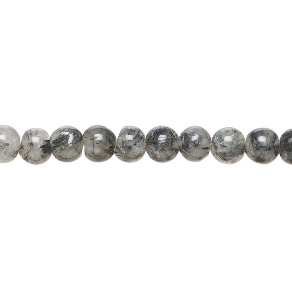 Tourmalinated quartz 1pkg1, hand-cut round bead natural, 13 inch 5-6mm dark image number 0