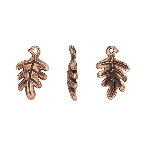 Charm, pewter (tin-based alloy), pkg/1, antique copper plate, 13x10mm double-sided oak leaf. image number 0