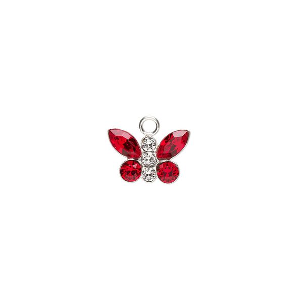 Charm, Preciosa Czech crystals and sterling silver, crystal clear and Siam, 12x8mm butterfly. Sold individually. image number 0