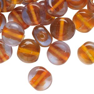 Bead, glass, translucent orange and lavender, 12mm puffed flat round. Sold per 2-ounce pkg, approximately 50 beads.