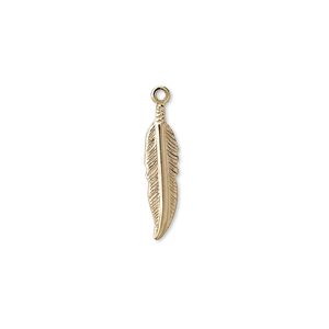 Charm, gold-plated brass, 18x4mm single-sided feather. Sold per pkg of 500.