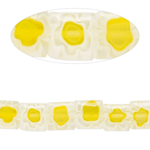 Bead, millefiori glass, translucent clear / yellow / white, 7mm-9x8mm puffed square with flower design. Sold per 14-inch strand. image number 0