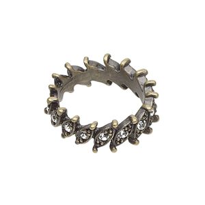 Ring, antiqued brass-finished "pewter" (zinc-based alloy) and glass rhinestone, clear, 8mm wide with marquise design, size 8. Sold individually.