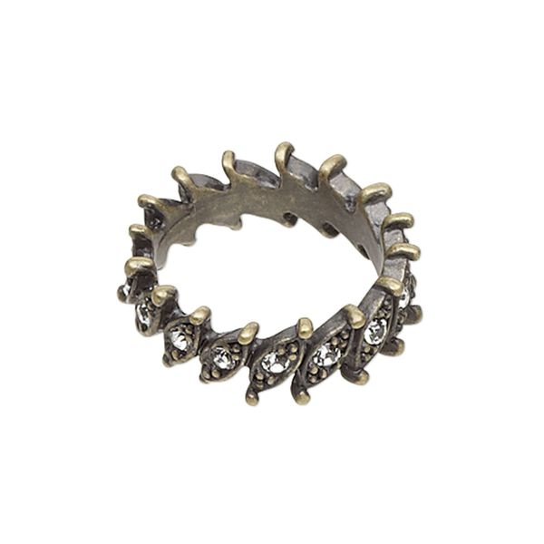Ring, antiqued brass-finished "pewter" (zinc-based alloy) and glass rhinestone, clear, 8mm wide with marquise design, size 8. Sold individually. image number 0