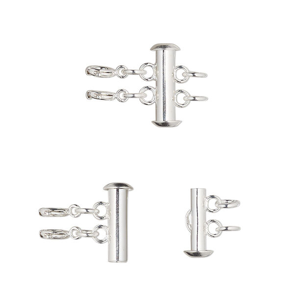 Clasp, 2-strand slide lock, silver-finished brass, 17x6mm round tube with 2 springring clasps and (2) 5mm open jump rings. Sold per pkg of 10. image number 0