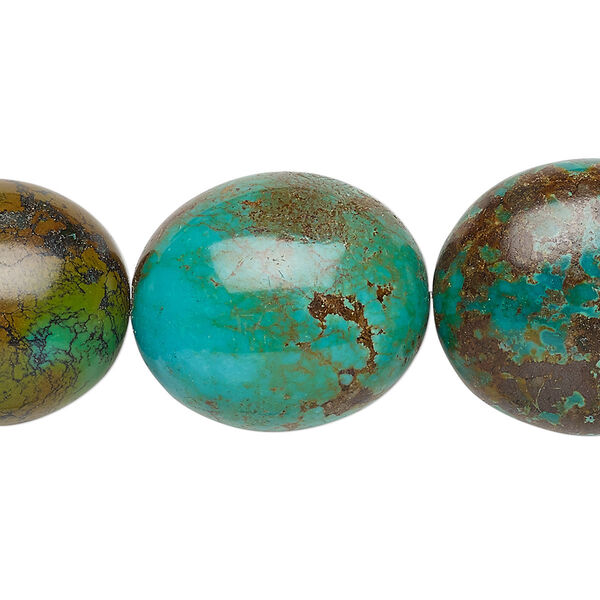 Bead, turquoise (dyed / stabilized), blue-green, 23x19mm-26x23mm puffed oval, C grade, Mohs hardness 5 to 6. Sold per 8-inch strand. image number 0