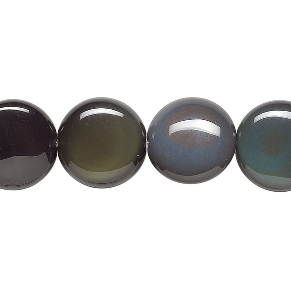Bead, rainbow obsidian (natural), 14mm flat round, A- grade, Mohs hardness 5 to 5-1/2. Sold per 8-inch strand. image number 0