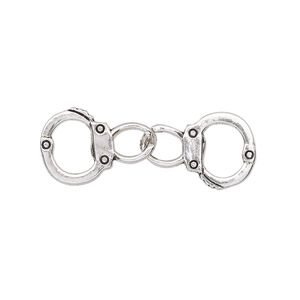 Charm, antique silver-finished "pewter" (zinc-based alloy), 32x11.5mm double-sided handcuff. Sold per pkg of 2.