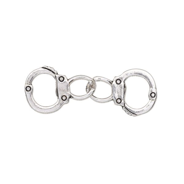 Charm, antique silver-finished "pewter" (zinc-based alloy), 32x11.5mm double-sided handcuff. Sold per pkg of 2. image number 0