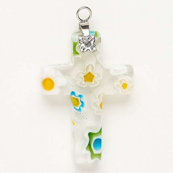 Focal 1pkg1 silver-finished steel and millefiori glass, translucent and transparent clear and multicolored, 33x23mm-35x24mm cross. image number 0