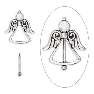 Focal, bead pin, glass rhinestone / antique silver-finished brass / "pewter" (zinc-based alloy), clear, 44.5mm single-sided angel with twist-off top, 24mm beadable length. Sold individually.