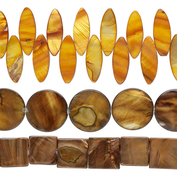 Bead mix, mother-of-pearl shell (dyed), golden brown and gold, 18x13mm-35x26mm top- and center-drilled mixed shapes with 0.6-0.8mm hole, Mohs hardness 3-1/2. Sold per pkg of (3) 15-inch strands. image number 0