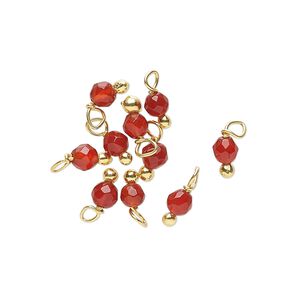 Drop, carnelian (dyed / heated) and gold-finished brass, 3x2mm with 2mm faceted round. Sold per pkg of 10.