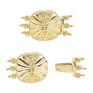 Clasp tab 1pkg4 gold-plated, 15x14.5mm butterfly round, brass 3-strand