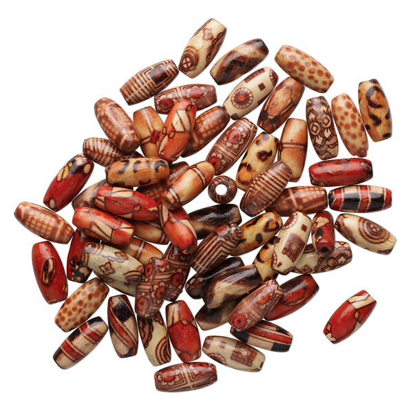 Bead mix, wood (coated), multicolored, 15x7mm hand-cut oval with painted pattern. Sold per pkg of 100. image number 1